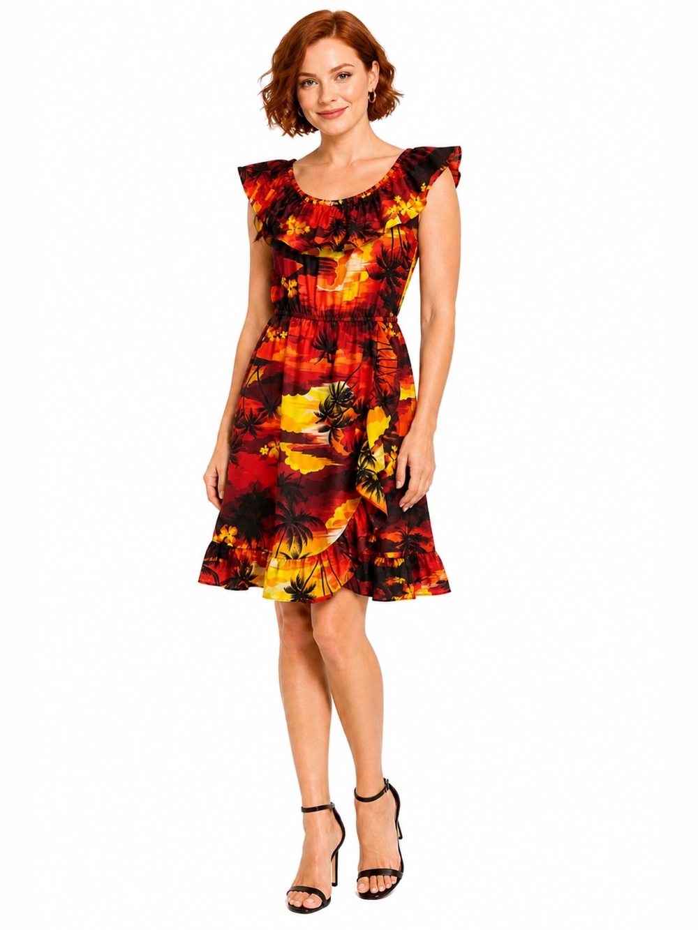 Vintage Hawaiian‎ Dress Helena’s Ruffle Sunset Palm Trees Red Yellow Size S-M